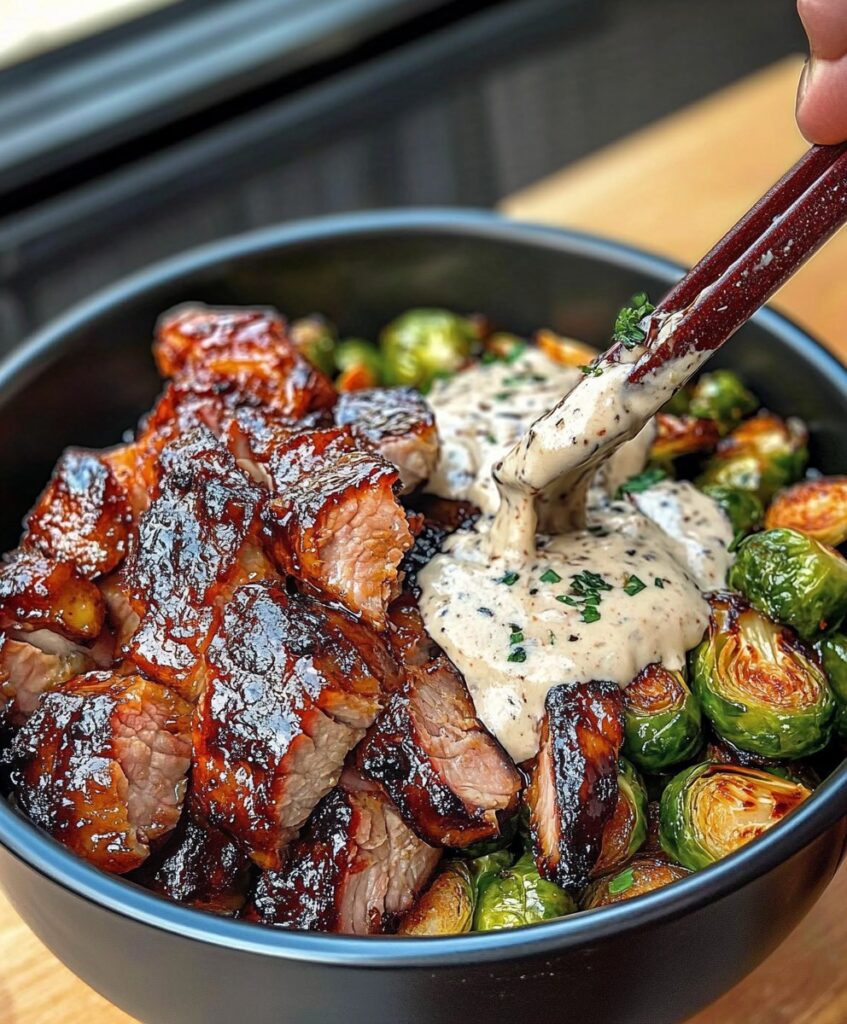 Teriyaki Pork Bowls with Crispy Brussels Sprouts