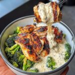 Grilled Chicken & Broccoli Bowls with Creamy Garlic Sauce